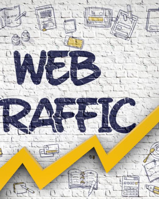 Web Traffic Drawn on White Wall. Illustration with Doodle Icons. Web Traffic - Improvement Concept. Inscription on White Brickwall with Hand Drawn Icons Around. 3D.